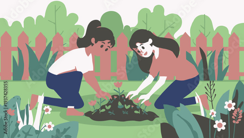 Two women gardening together in a lush green garden.