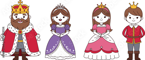 Set of cute cartoon royal family characters including king, queen, princess, and prince, isolated fairytale kingdom mascot icons, vector illustration.