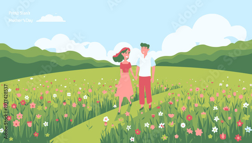 Couple Walking Hand in Hand Through a Vibrant Flower Field.