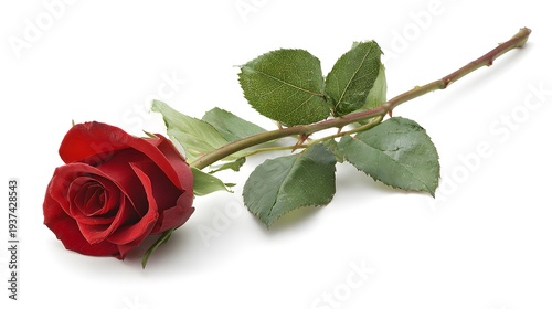 Single Red Rose with Green Stem and Leaves on White Background.