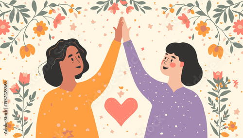 Two women showing friendship and affection with a high five gesture surrounded by flowers.