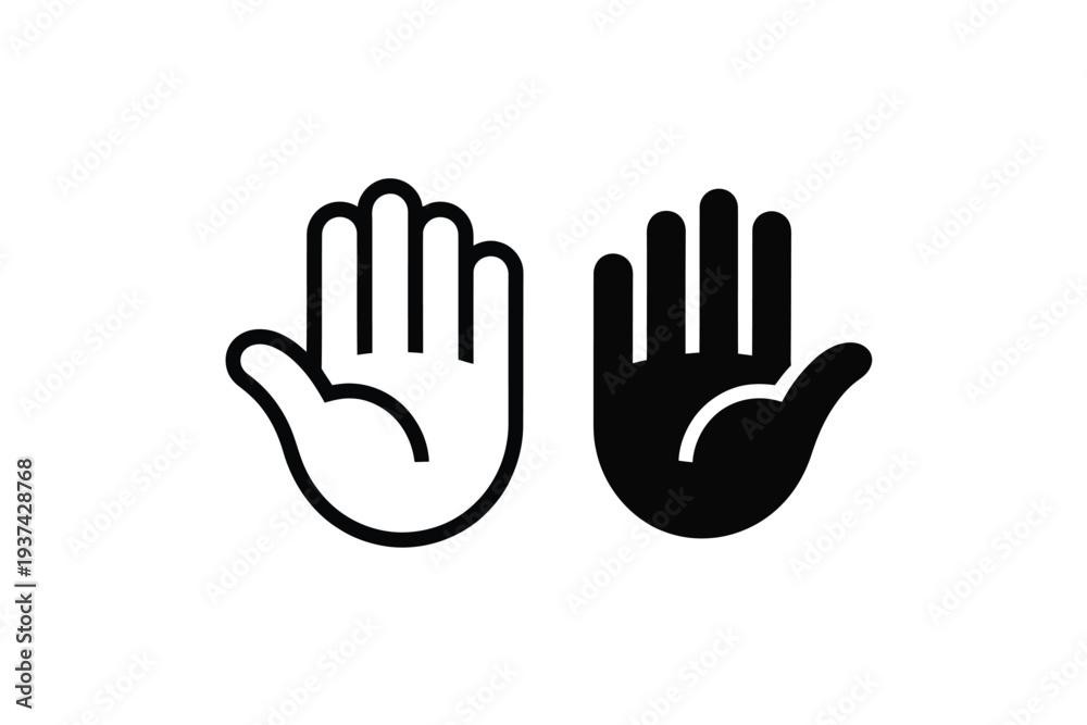 Fototapeta premium Black and white hand icons, palm facing forward, stop gesture, graphic design elements