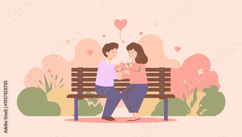 Couple sharing a romantic moment on a park bench together.