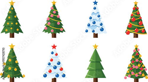 Set of decorated Christmas trees with colorful ornaments and stars isolated on white background for holiday greeting cards and winter decor,