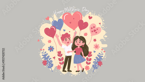 Happy Valentine's Day couple embracing with hearts and flowers.