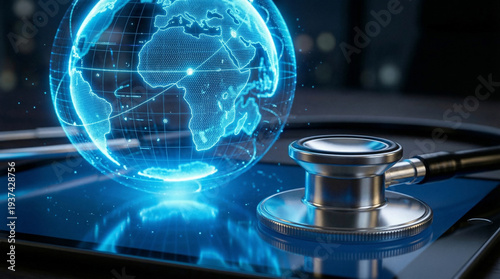 Global healthcare technology concept with stethoscope and digital tablet.