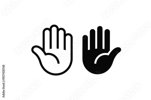 Black and white hand icons, palm facing forward, stop gesture, graphic design elements