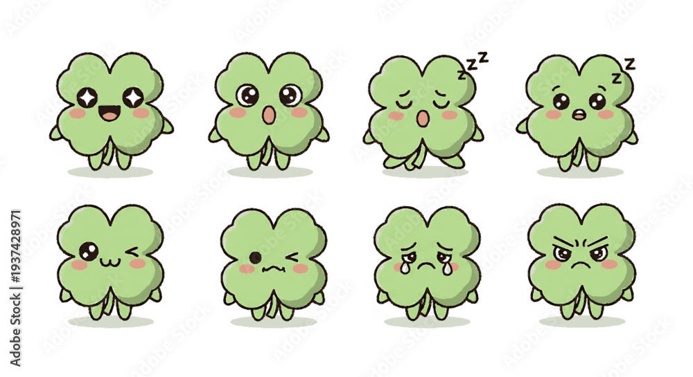 Obraz premium Cute cartoon four leaf clover characters with various facial expressions and emotions on white background ideal for design and illustration