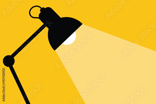 Modern black desk lamp with bright yellow light beam on vibrant yellow background illustration