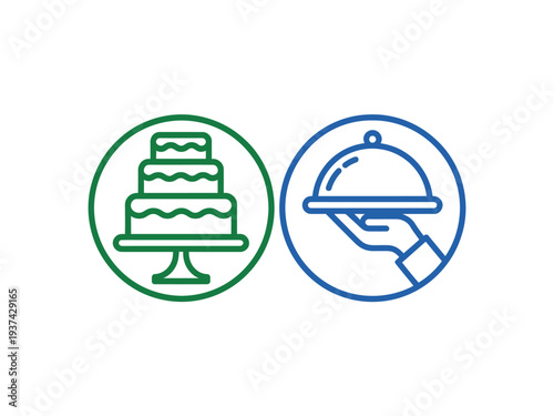 Food icons, cake and covered dish, illustration of baked goods and serving