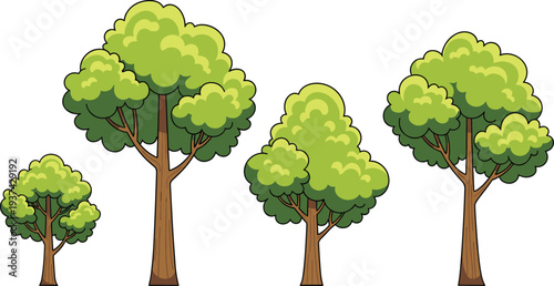 Set of four green deciduous tree illustrations with lush summer foliage and tall brown trunks, isolated flat vector nature icons.