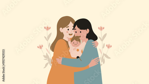 Illustration of two women embracing and holding a baby surrounded by flowers.