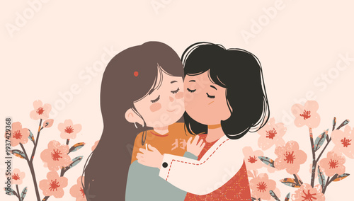 Tender moment between two women embracing with flowers.