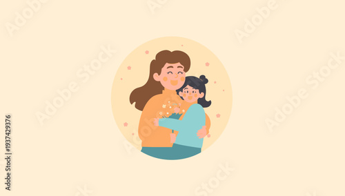 Mother and Child Embracing in a Heartwarming Cartoon Illustration.