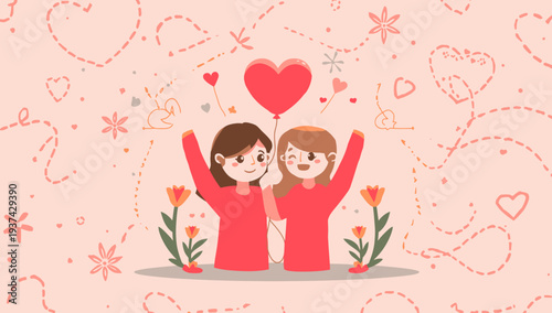 Cartoon couple celebrating love with heart and flowers.