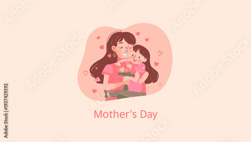 Happy Mother's Day illustration of mother and daughter embracing with flowers.