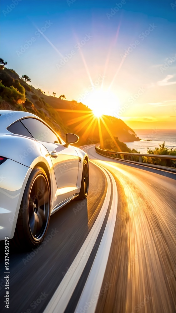Obraz premium White sports car speeding on a coastal road at sunset, dynamic motion blur, golden hour light, scenic ocean view, luxury vehicle driving experience.