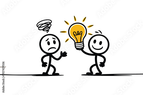 Stick figures with lightbulb moment and confused friend, idea and inspiration concept