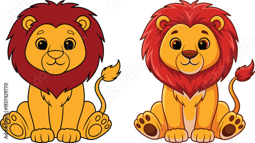 Two cute cartoon lion cubs with red manes sitting and smiling isolated on white background for kids illustrations stickers and,