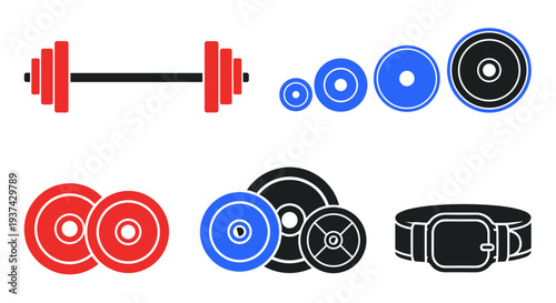 A collection of colorful gym equipment icons on transparent background