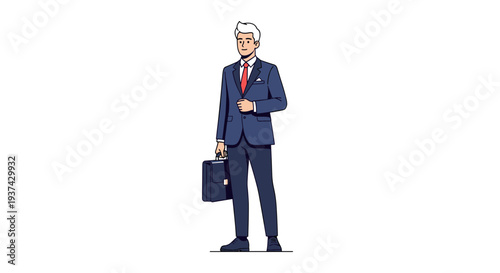 A confident businessman in a blue suit holding a briefcase on transparent background