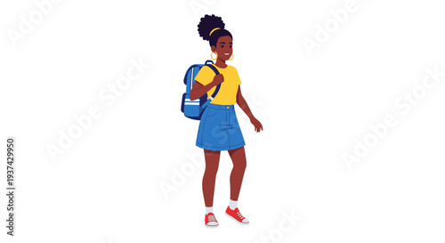 A young dark-skinned girl with a backpack on transparent background
