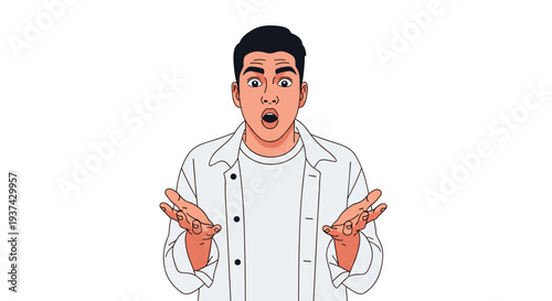 A cartoon man with a surprised expression gesturing on transparent background