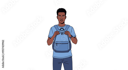 A young man holding a blue backpack on transparent background