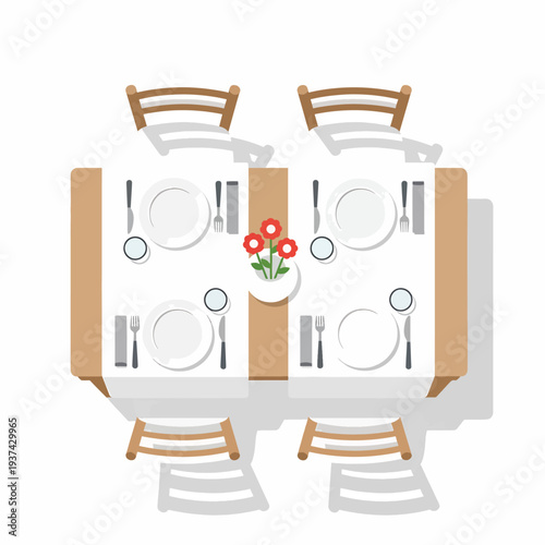 Dining Table Setting with Flowers Centerpiece.