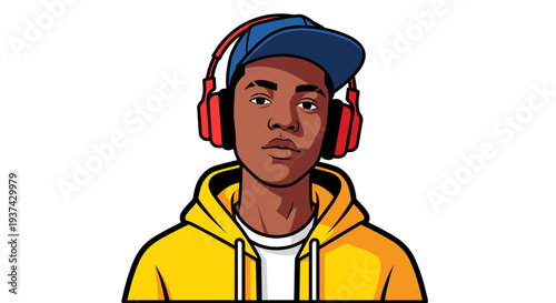 A cartoon man wearing headphones and a yellow hoodie on transparent background