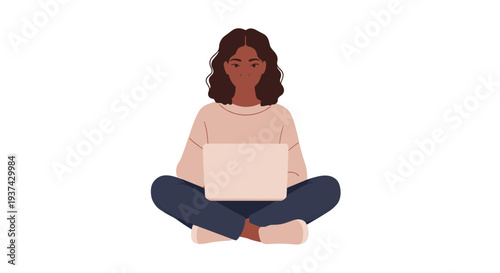 A young woman sitting cross-legged on the floor with her laptop on transparent background