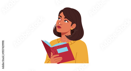 A cartoon woman reading a book on transparent background
