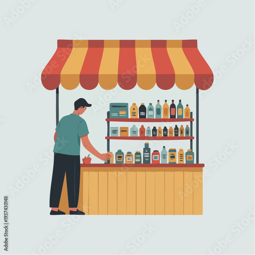 Market seller weighing produce at a vibrant street stall illustration
