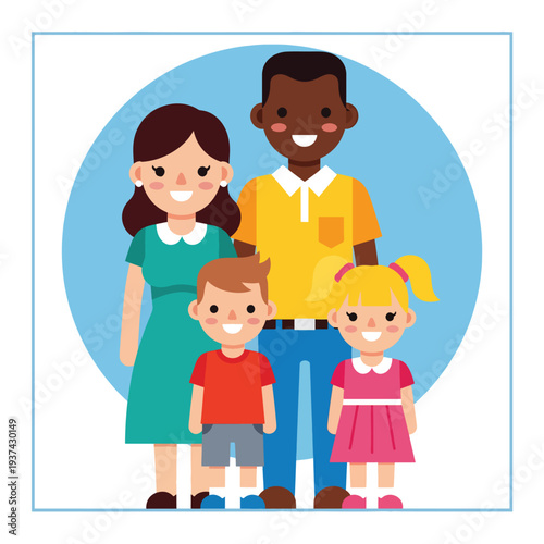 Happy Family with Two Children Standing Together.