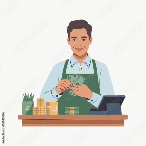 Illustration of a vendor serving a customer at a small market stall with a flat design.