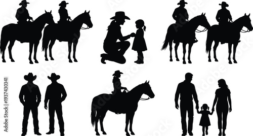Cowboy family silhouettes with horses, western ranch lifestyle vector set featuring riders, parents and child isolated on white background