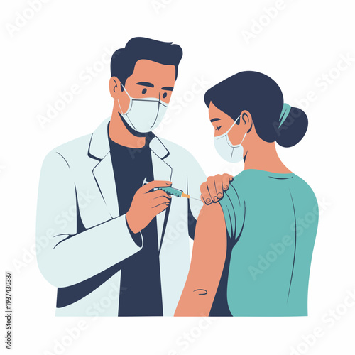 Doctor administering vaccination to patient in medical setting, flat vector illustration style