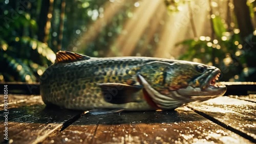 A dead fish on a wooden surface with a forest background and bright light shining through the trees