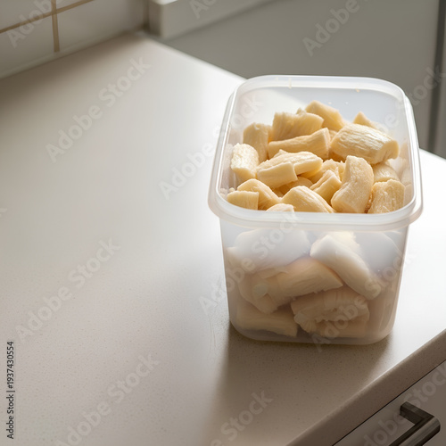 Plain plastic tub with fermented cassava pieces placed in the right third of a light beige countertop, large empty left side acting as negative space for cultural or fermentation copy.