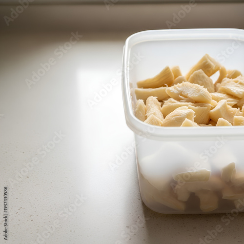 Plain plastic tub with fermented cassava pieces placed in the right third of a light beige countertop, large empty left side acting as negative space for cultural or fermentation copy.