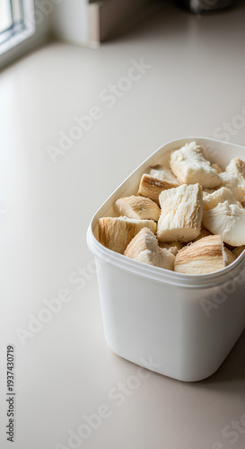 Plain plastic tub with fermented cassava pieces placed in the right third of a light beige countertop, large empty left side acting as negative space for cultural or fermentation copy.