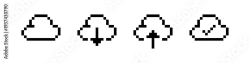Pixel cloud icons set, 8-bit cloud storage upload and download symbols, retro blocky weather and data transfer icons, Vector illustration.