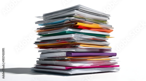 Stack of colorful magazines and documents on a white background.