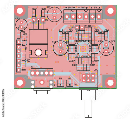 Vector printed circuit board of electronic device with components of radio elements, conductors and contact pads placed on pcb. Engineering technical educational drawing. Computer technic cad design.