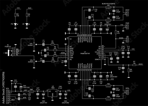Schematic diagram of digital electronic device 
on paper sheet. Vector drawing electrical circuit with 
integrated circuit, cpu, led indicator, connector,
capacitor, resistor, other components.