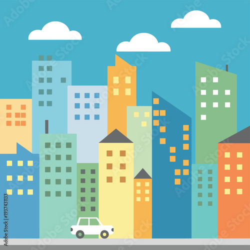 Фотография Colorful Buildings Cityscape with Vehicle.