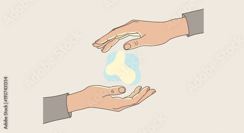 Two hands gently cupping and protecting an abstract, glowing light blue and yellow shape, symbolizing care or energy.