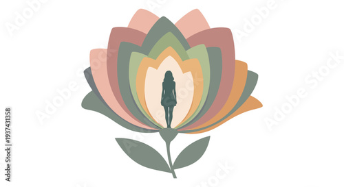 Stylized layered pastel flower with a central silhouette of a woman, representing growth and inner peace.