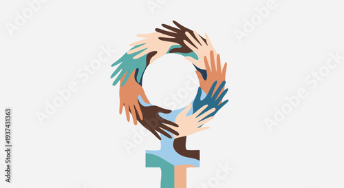 A diverse group of hands forming the female gender symbol, representing unity, women's rights, and global sisterhood.