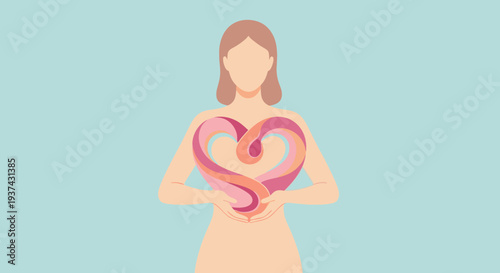 Illustration of a faceless woman holding a stylized heart shape, symbolizing female reproductive health, self-care, and wellbeing.